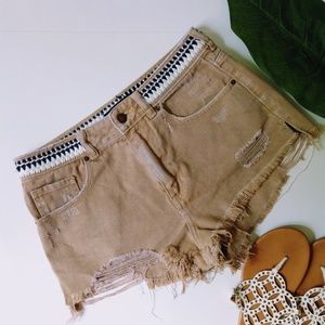 P.S. ERIN WASSØN | Tan Cutoff Woven Denim Shorts